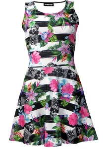 Tropical Floral Pineapple Skull Monochrome Stripe Print Alternative Skater Dress - Bild 1 von 3