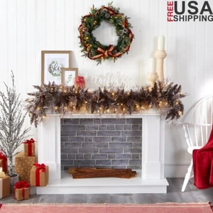 Flocked 6ft Prelit LED Christmas Garland W/ Pine Cones Indoor Holiday Decor New - Picture 1 of 5