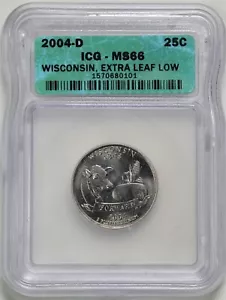 2004-D Extra Leaf Low 25C Wisconsin State Quarter MS66 ICG 1570680101 - Picture 1 of 3