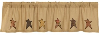 Rustic Burlap Window Valance Country Plaid Star Patches 72" Wide Stratton - Image 1 of 4