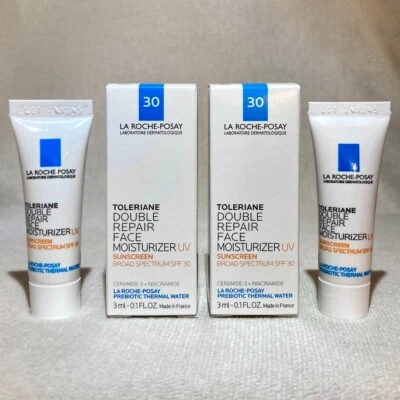 2x Crema hidratante de doble reparación La Roche-Posay Toleriane muestra UV .1 oz 3 ml Ex10/26 Foto 1 de 2
