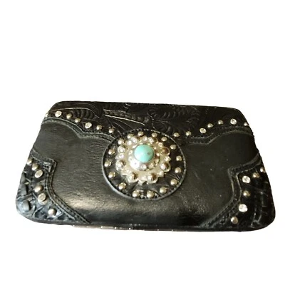 Vintage Montana West Concho Collection Black Leather Wallet With Turquoise & Rhi - Image 1 of 4