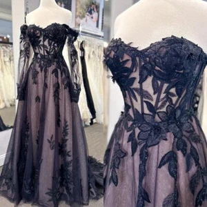 Black and Pink Wedding Dresses Gothic Lace Long Sleeves Off Shoulder Bridal Gown - Picture 1 of 9
