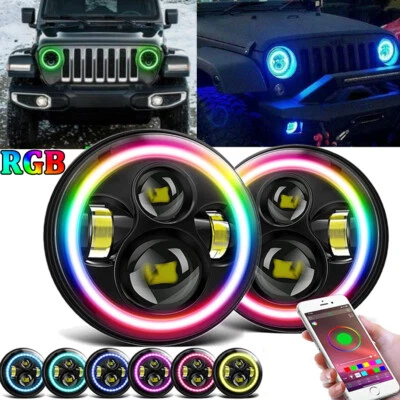 Par de faros LED RGB 7"" halo luces DRL kit combinado para Jeep Wrangler JK TJ LJ Foto 1 de 4