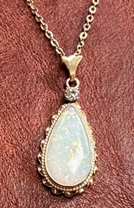 Large Pear Shaped Opal & Diamond Pendant Necklace 14K Yellow Gold Cable Chain - Picture 1 of 5