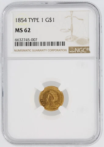 1854 Type 2 Liberty Gold Dollar NGC MS62 G$1 (Labeled as Type 1 wrong by NGC) Cover
