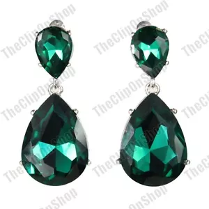 CLIP ON 4cm BIG CRYSTAL DROPS EARRINGS AQUA green SPARKLY silver fashion GLASS - Picture 1 of 6