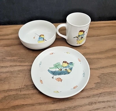 Cat Fishing Porcelain Heavy Bowl Mug Small Plate Child Dish Set Unbranded  - Image 1 of 4