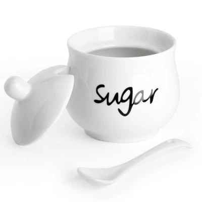 Tigela de açúcar de cerâmica com tampa e colher, frasco de açúcar de porcelana recipiente de açúcar branco - Imagem 1 de 4