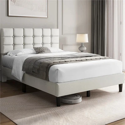 Base Con Cabecera De Cama Full Size Beige Moderna Plataforma Tapizada En Oferta - Image 1 of 4