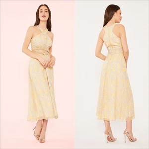 Likely Lucy Dress Size 8 NEW Green Tea Multi Lined Cut Out Hem Slit Georgette - Picture 1 of 11