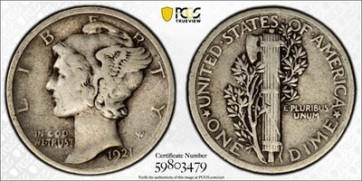 1921 Mercury Silver Dime 10c PCGS F15 Gold Shield - Image 1 of 3