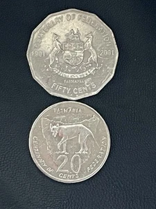 2001 TASMANIA Centenary Federation 50c + 20c coin Fifty Twenty Cent 50 20 TAS - Picture 1 of 3