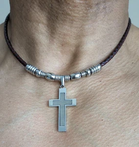 Mens Silver Cross Necklace, Brown or Black Leather,Any Size handmade,No Tarnish - Picture 1 of 10