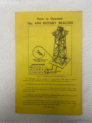 Послевоенный Lionel 494-38 Вращающийся Маяк Инструкция Лист ОТЛИЧНОЕ СОСТОЯНИЕ ТОВАРА! - Изображение 1 из 2