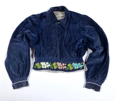 Vintage Poland folk costume beaded embroidery jacket navy blue velvet blouse top - Image 1 of 4