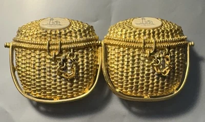 D PAQUETTE Gold Tone Nantucket Basket Belt Buckles Pair Goldtone Faux Scrimshaw - Image 1 of 4