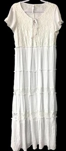 NY Collection 1X white lace trim crinkle v neck tie knot short sleeve dress - Picture 1 of 7