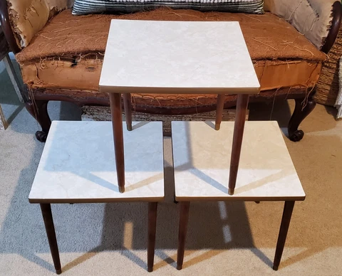Antique Mid Century Set of 3 Wood Tables Square 15" Stackable Cover
