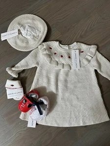 NWT Janie and Jack girl WINTER HOLIDAY 4-piece gold sweater dress shoes hat 0 3 - Picture 1 of 12