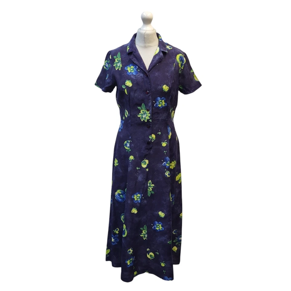 Vestido Burton Grunge Vintage Años 80 90 Manga Corta Azul Verde Floral Reino Unido Talla 14 Foto 1 de 4