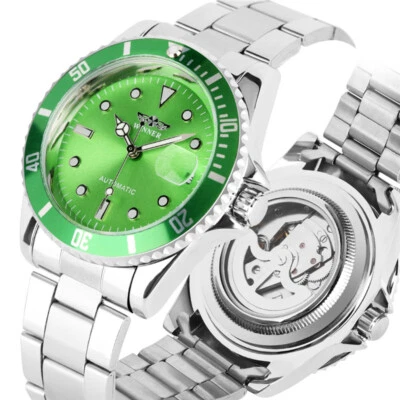 Luxury WINNER Brand Watch Green Dial Men's Date Auto Mechanical Steel Watches - Image 1 of 4