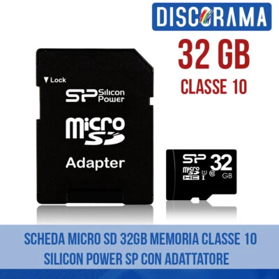 SCHEDA MICRO SD 32GB MEMORIA CLASSE 10 SILICON POWER SP CON ADATTATORE CAMERA - Immagine 1 di 2