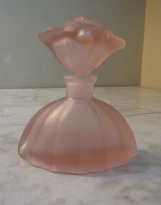 Vintage Frosted Pink Glass Perfume Bottle with Rose Bloom Stopper, 4” Tall - Picture 1 of 4
