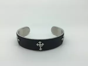Stainless Steel And Black Leather Cross Bangle Bracelet - Picture 1 of 4