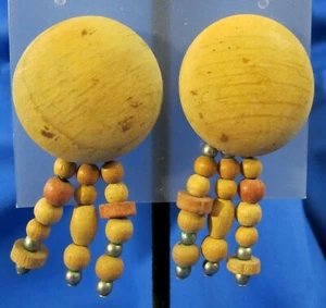Silver Clad Wooden Round Circle Beads Stud Dangle Pierce Earrings - Picture 1 of 2