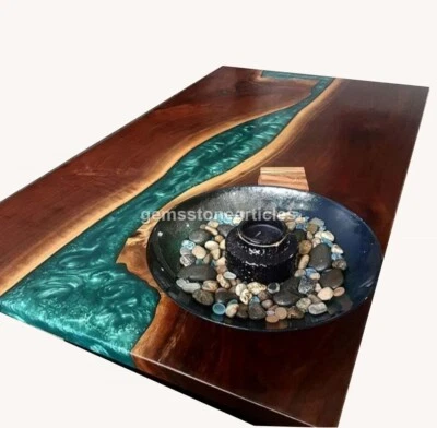 Green Epoxy Table Top, Natural Wooden Table, River Coffee Table, Home Office Dec - Image 1 of 4