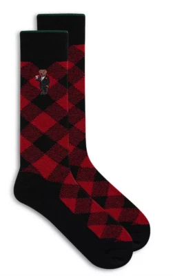 NUEVO CON ETIQUETAS Polo Ralph Lauren Buffalo Calcetines a Cuadros, Bordado Oso, Rojo, Talla 10-13 Foto 1 de 2