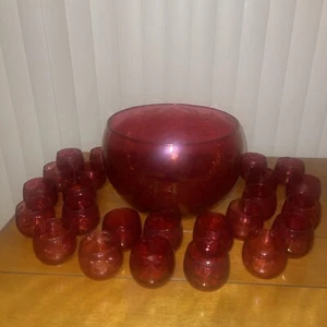 West Virginia Glass Red Mermaid Scale Optic Loop Punch Bowl with 24 Glasses - Picture 1 of 7