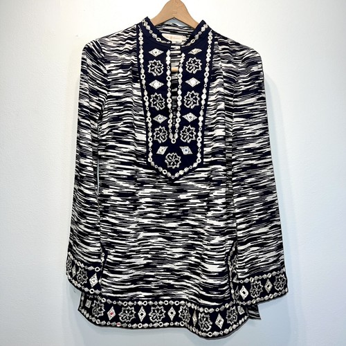 Tunica TORY BURCH impreziosita manica lunga ricamata blu bianca taglia 4