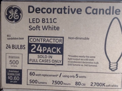 24 Pack GE Soft White LED B11C Candelabra Base Bulbs 60W EQ 5W Decorative Candle - Image 1 of 3