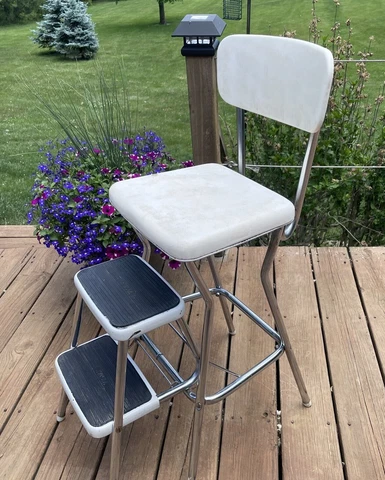 Vintage Cosco White/Chrome Metal Farm House Folding Step Stool Chair Plant Stand Cover