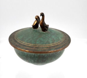 Carl Sorensen Arts and Crafts Bronze Verdigris Geese Handle Covered Bowl