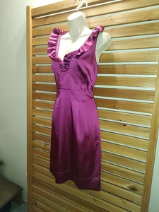 Pink Fushia Satin Dress Taylor Size 14 Beauty Ruffle Neck Feature Party - Picture 1 of 11