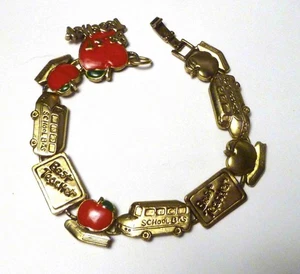 8.5" Best Teacher Apple, Back to School Bus Link BRACELET Enameled Brass - Picture 1 of 5