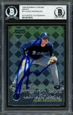 Tarjeta de impacto cromada Bowman 1999 firmada automáticamente por Alex Rodriguez I14 Mariners Beckett Foto 1 de 2