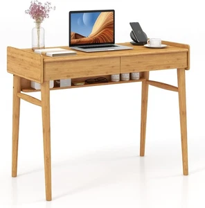 COSTWAY Bamboo Computer Desk, 100cm Study Table Writing Workstation with 2 Stora - Picture 1 of 9