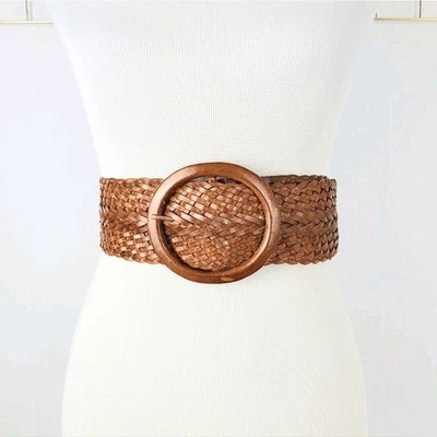 Womens Belt Medium Braided Woven Brown Genuine Leather Wide Oversized-Read - Image 1 of 4