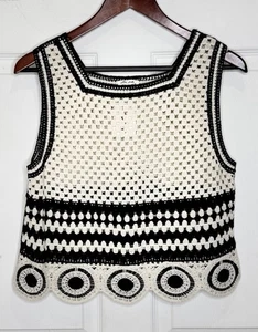 Ultra Pink Boho Top Sz Medium Ivory Black Crochet Bohemian Knit Cotton Blend - Picture 1 of 5