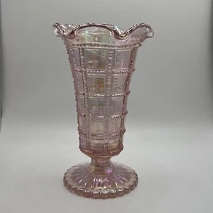 Pink Imperial Glass Iridescent Carnival Glass 6 1/4" Tall Vase Block Pattern - Picture 1 of 7