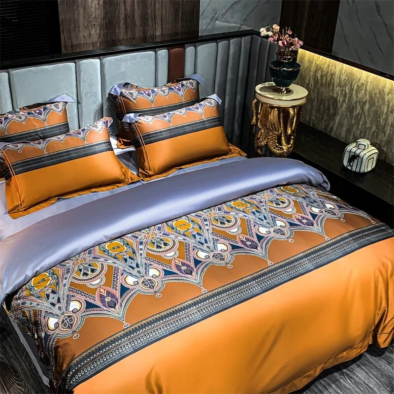 Juego de ropa de cama con funda de edredón de mezcla de seda de algodón egipcio de diseño bohemio dorado plateado Foto 1 de 4