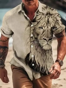 Plus Size Fashionable Lion Graphic Print Shirt Button Up Big & Tall Shirt Khaki - Picture 1 of 3
