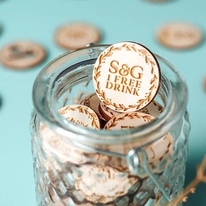 Wedding Drinks Token, Woode Floral Border. Rustic & Personalised. Bar Token - Picture 1 of 6