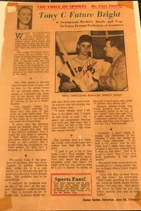 1964 Tony Conigliaro Signed Newspaper Photo Bright Future Boston Red Sox BSC Vg - Picture 1 of 3