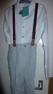MONSOON 12 YEARS BOYS 4PCS WHITE TOP GREY TROUSERS BLUE BOW TIE AND RED BRACES - Picture 1 of 10