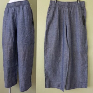 TAHARI 100% Linen Wide Leg Loose Fit Elastic Waist Side Pocket Pants Size L BLUE - Picture 1 of 14